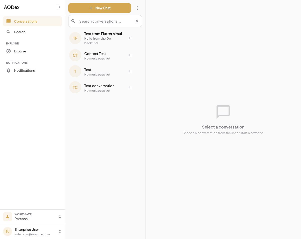 AODex Flutter web view showing workspace switcher and conversation list