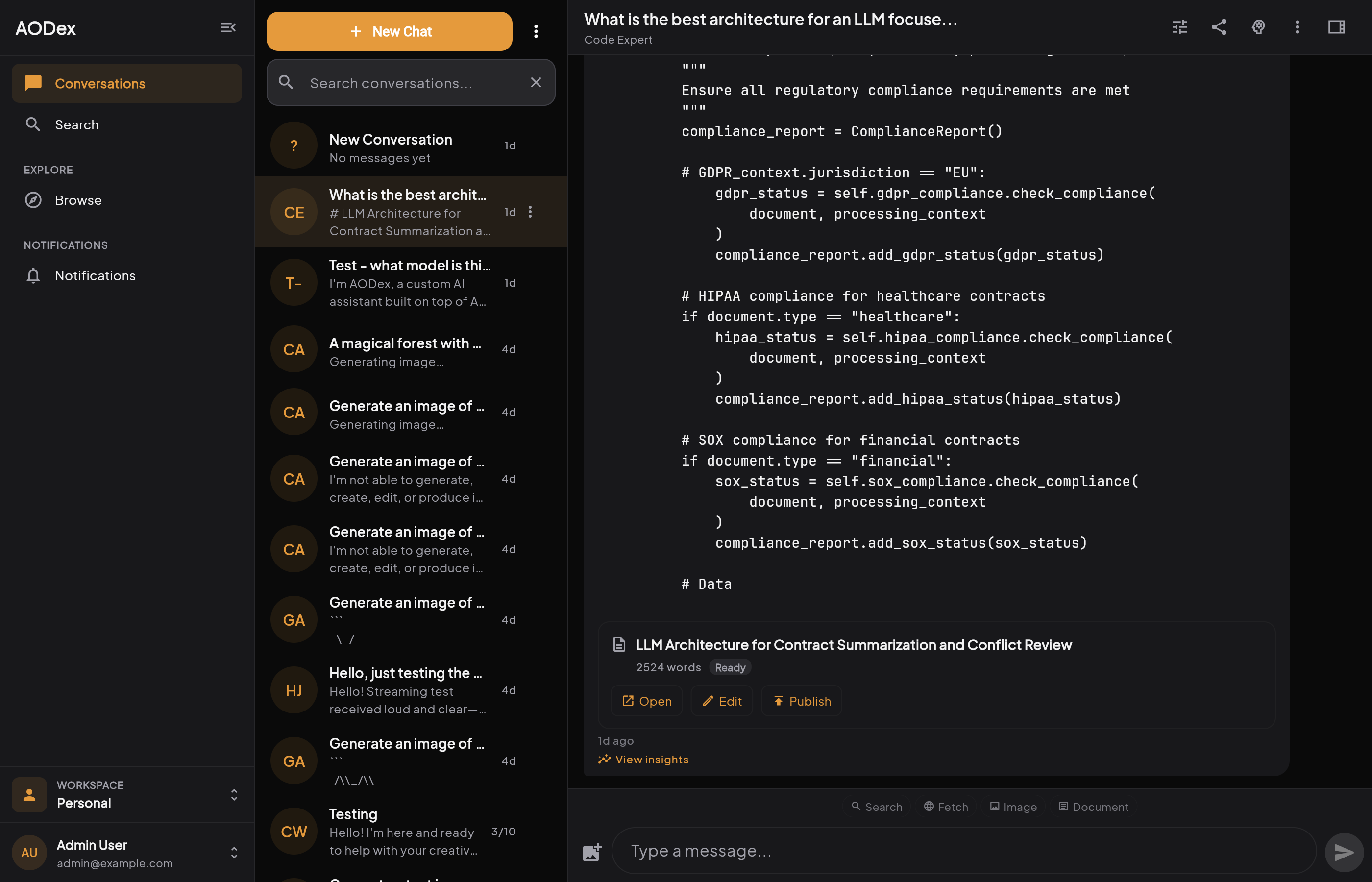 AODex chat interface with code generation and document artifacts